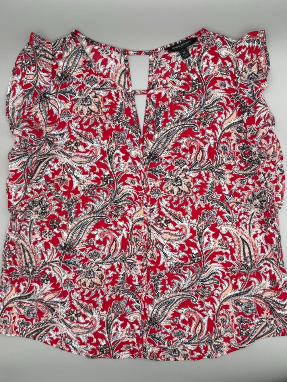 Banana Republic Red Paisley Flutter Sleeve Keyhole Blouse Top M